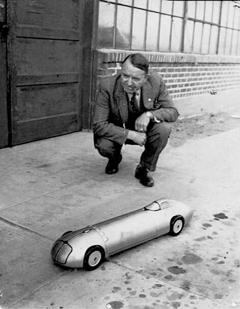 Barney Oldfield and a concept model of the Miller-Oldfield car of 1932 which was never built