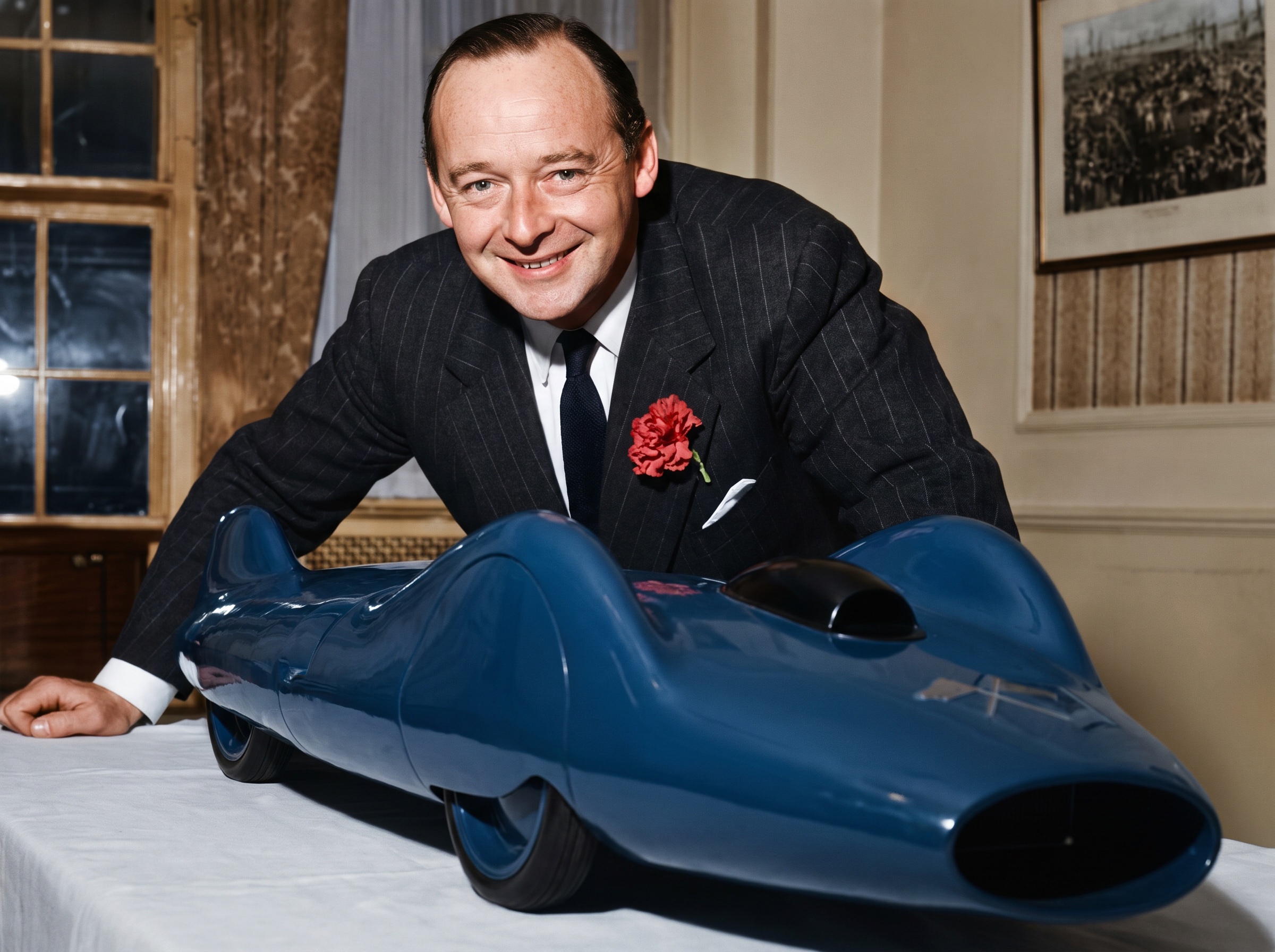 Donald Campbell leaning over a large scale model of the 1960 Bluebird on a table